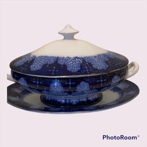 Vintage serving dish with lid and platter. Blue and white with a German marking